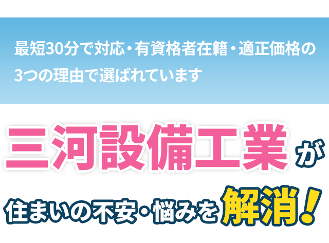 最短30分で対応・有資格者在籍・適正価格の3つの理由で選ばれています 三河設備工業が住まいの不安・悩みを解消！