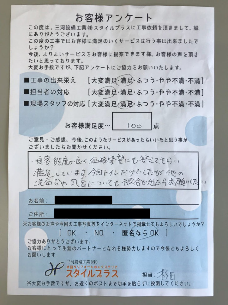   豊橋市　トイレリフォーム　H.A様の声